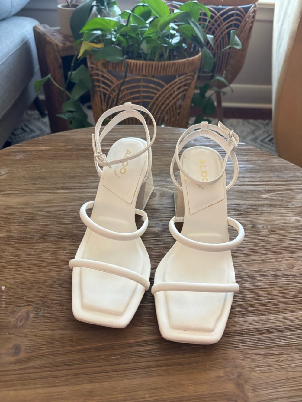 ALDO White Strappy Square-Toe Block Heel Sandals